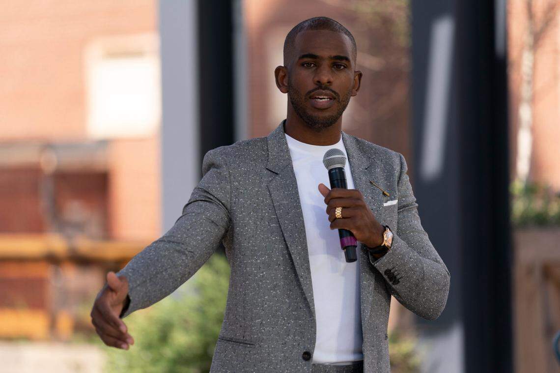 NBA player Chris Paul speaks before Democratic presidential candidate former Vice President Joe Biden arrives for a Biden for President Black economic summit at Camp North End in Charlotte, N.C., Wednesday, Sept. 23, 2020.