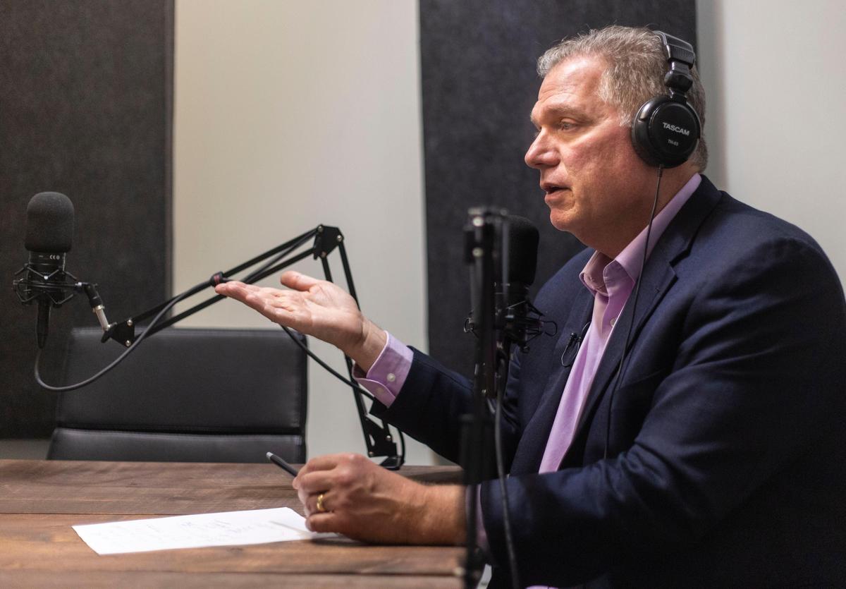 Stuart Watson, a longtime investigative journalist for WCNC, records a few soundbites at Advent Coworking in Charlotte.