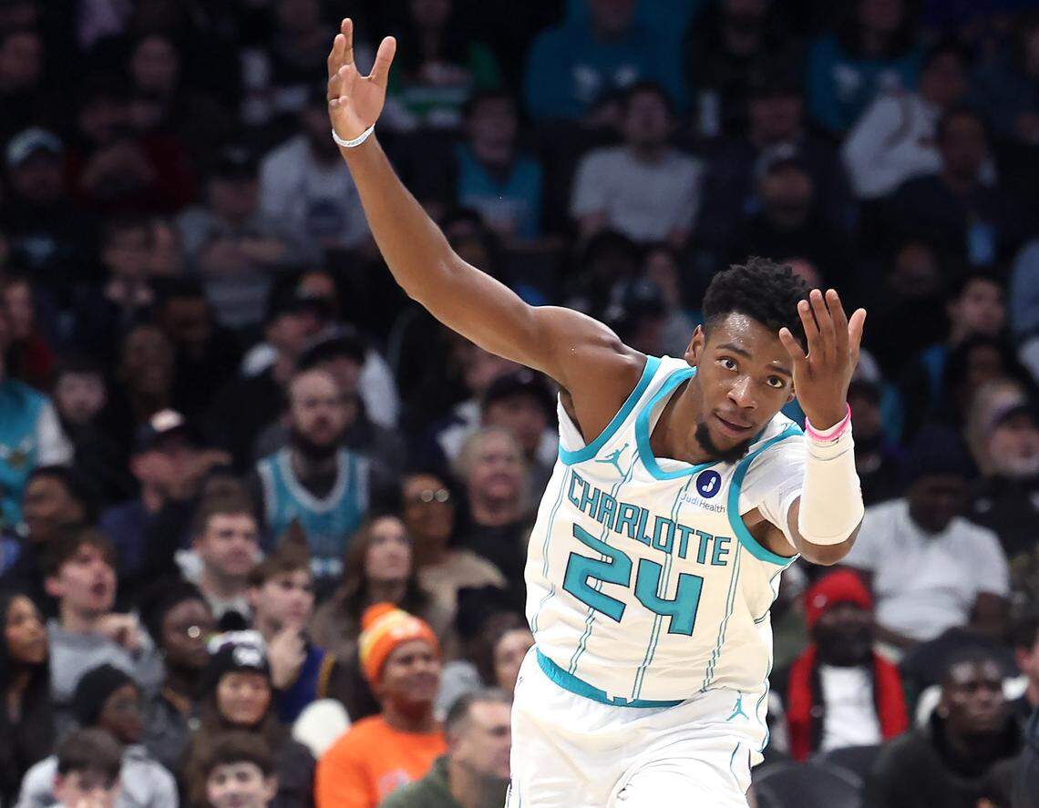 Charlotte Hornets forward Brandon Miller reacts to a missed shot during action against the Denver Nuggets at Spectrum Center in Charlotte, NC on Sunday, December 7, 2025.