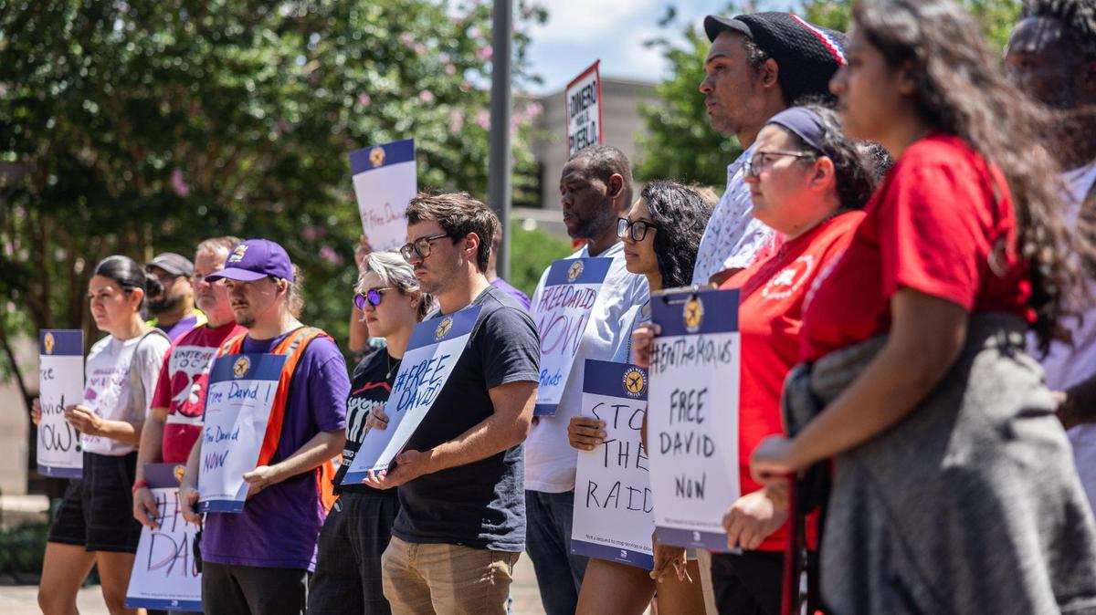 Demonstrators gather for the Rally to Demand End of ICE Raids, Freedom for David Huerta in Charlotte, N.C., on Monday, June 9, 2025.