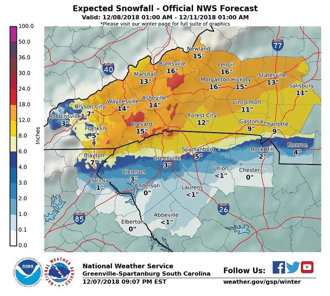Expected snowfall in the western Carolinas as of 9:07 p.m. Friday.