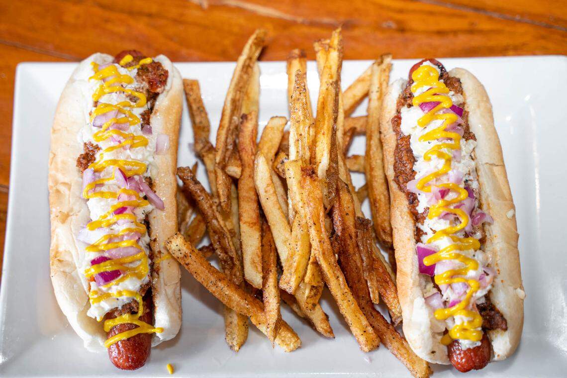 Comet Grill’s Carolina Dogs are topped with homemade chili, slaw, red onion and yellow mustard. The Nathan’s all-beef hot dogs are served with fries ($10).