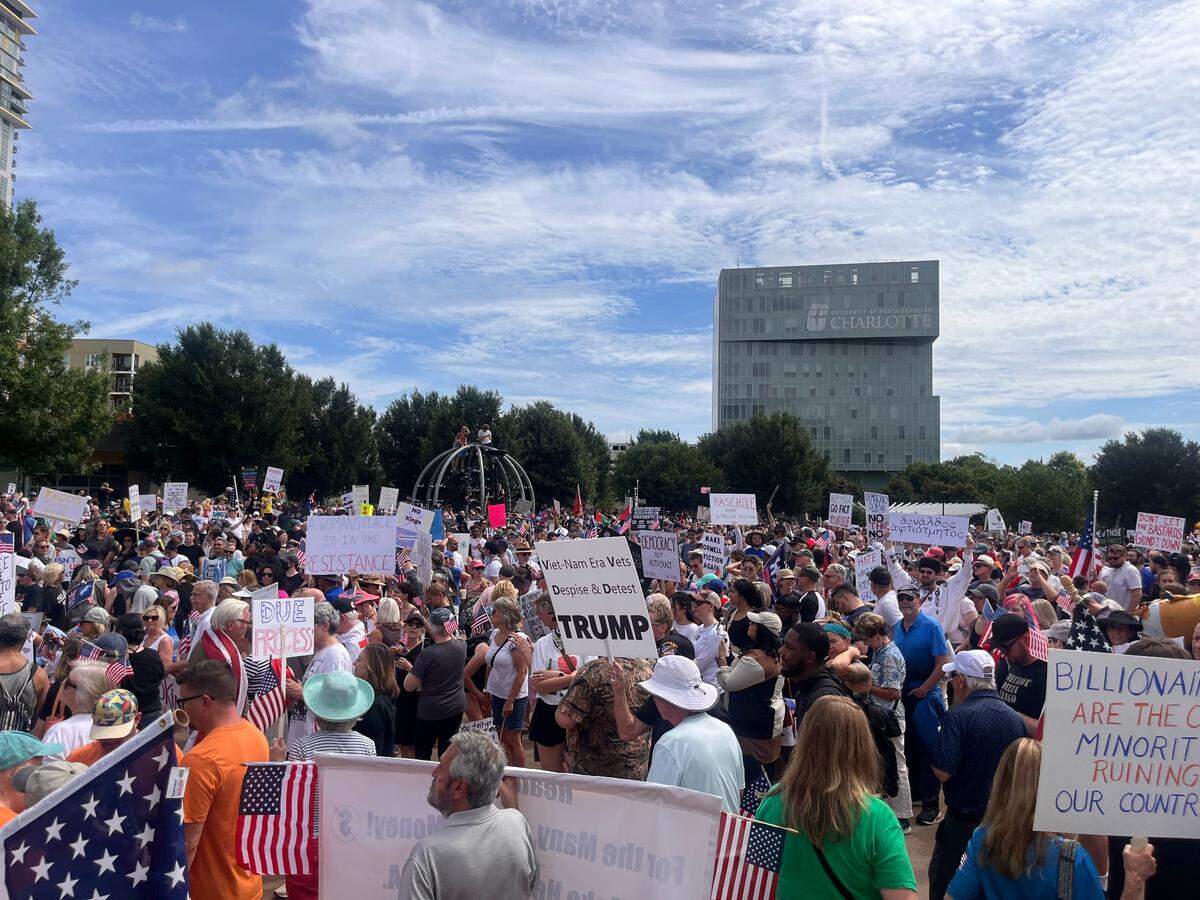 Marchers gather in uptown Charlotte before the ‘No Kings, anti-Trump’ rally Saturday, June 14, 2025