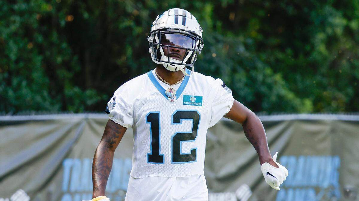 Carolina Panthers wide receiver Shi Smith (12) on the field during the teams training camp practice at Wofford College in Spartanburg, S.C., Thursday, July 28, 2022.