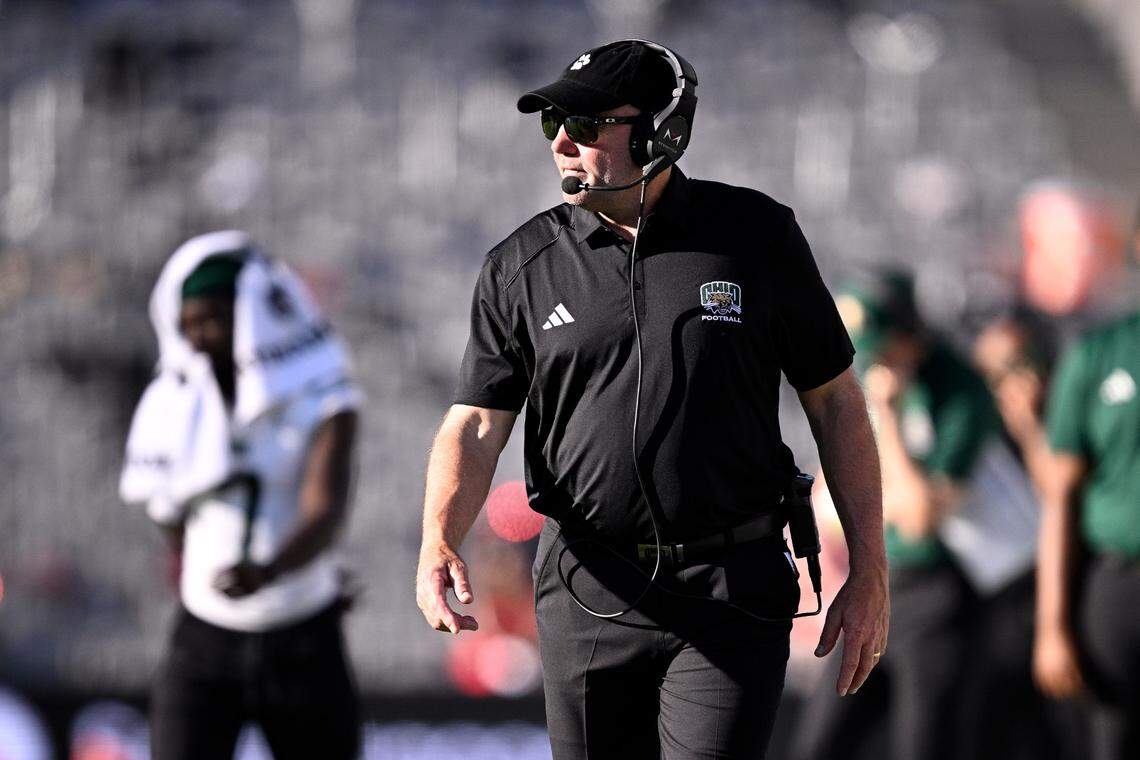 Ohio Bobcats head coach Tim Albin looks on during the first half of an August game against the San Diego State Aztecs at Snapdragon Stadium.