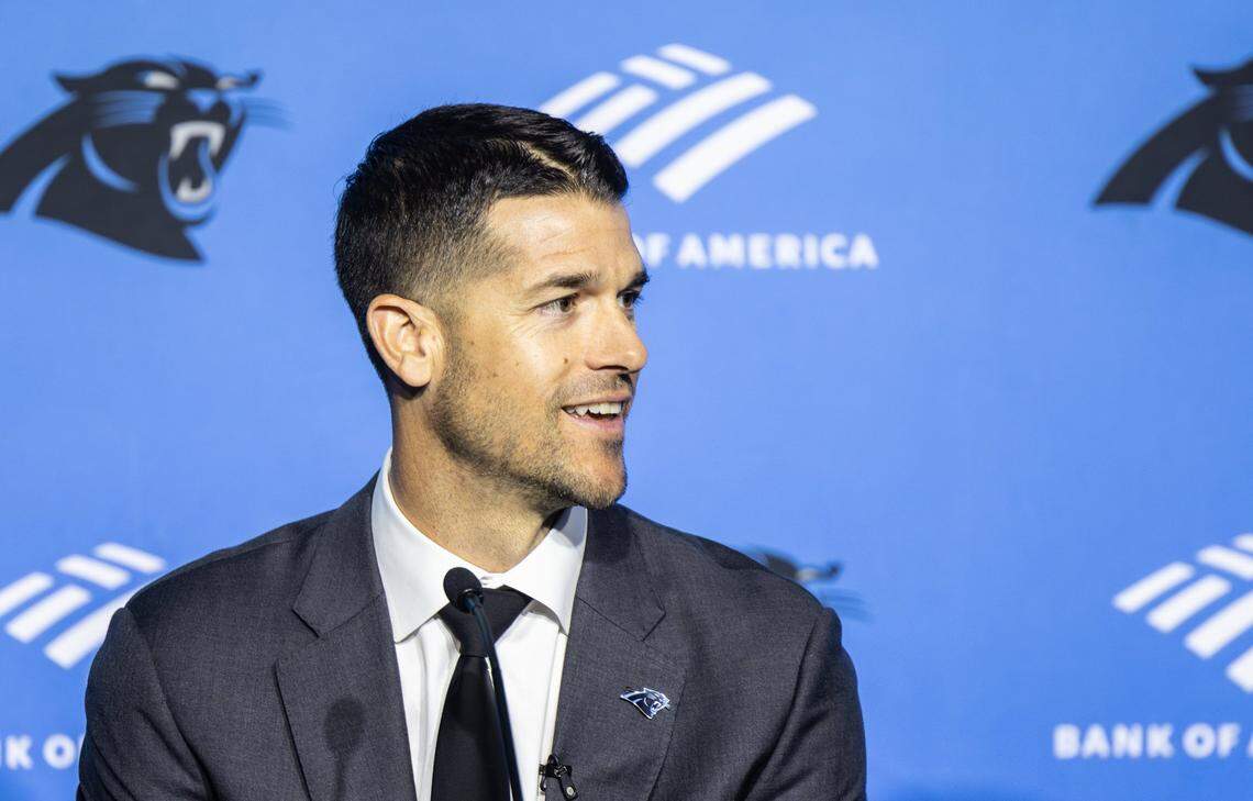 Carolina Panthers coach Dave Canales speaks during a press conference at the Bank of America Stadium in Charlotte, N.C., on Thursday, February 1, 2024.
