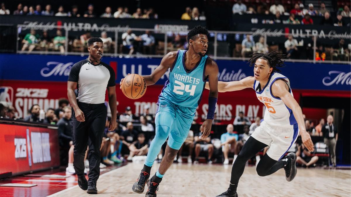 Charlotte Hornets swingman Brandon Miller drives to the basket in a Las Vegas Summer League game against the New York Knicks.