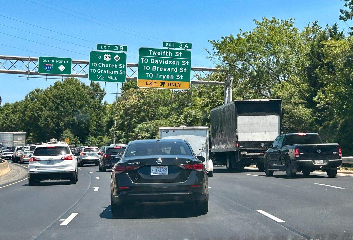 Traffic backs up at Exit 3A along Interstate 277 in Charlotte.