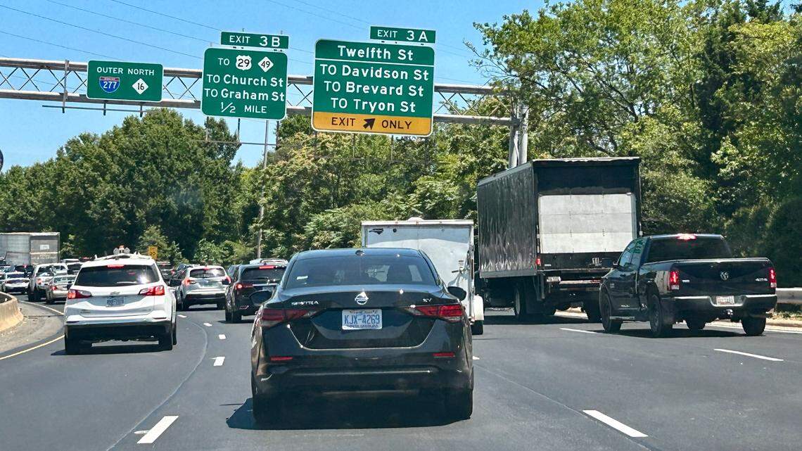 Traffic backs up at Exit 3A along Interstate 277 in Charlotte on Tuesday, July 2, 2024.