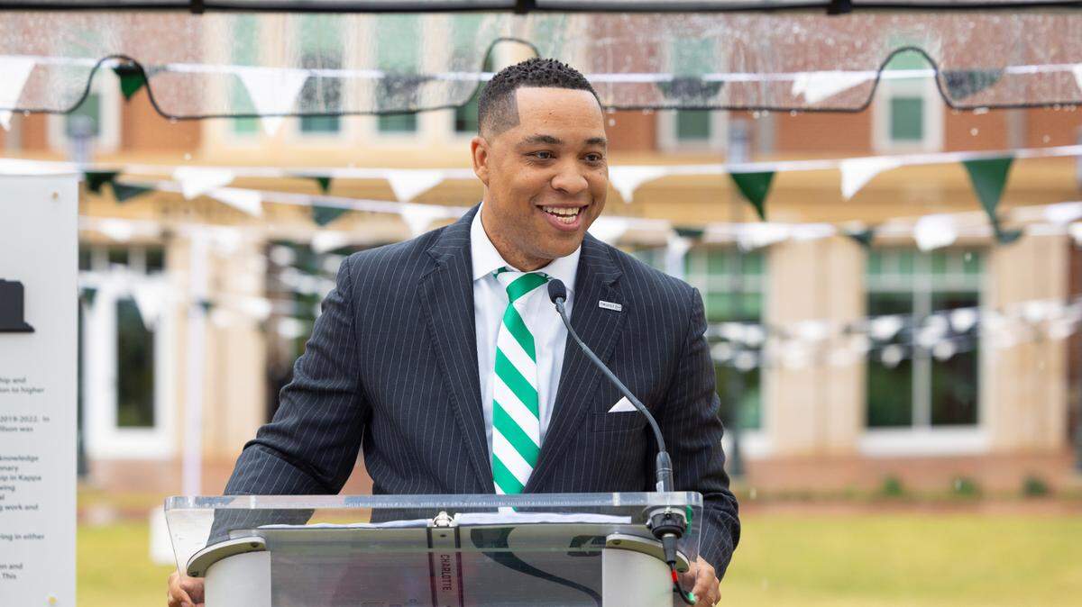 Dontá L. Wilson, an alumnus and Truist banker speaking during an UNCC ceremony naming a residence hall in his honor, now called Wilson Hall.