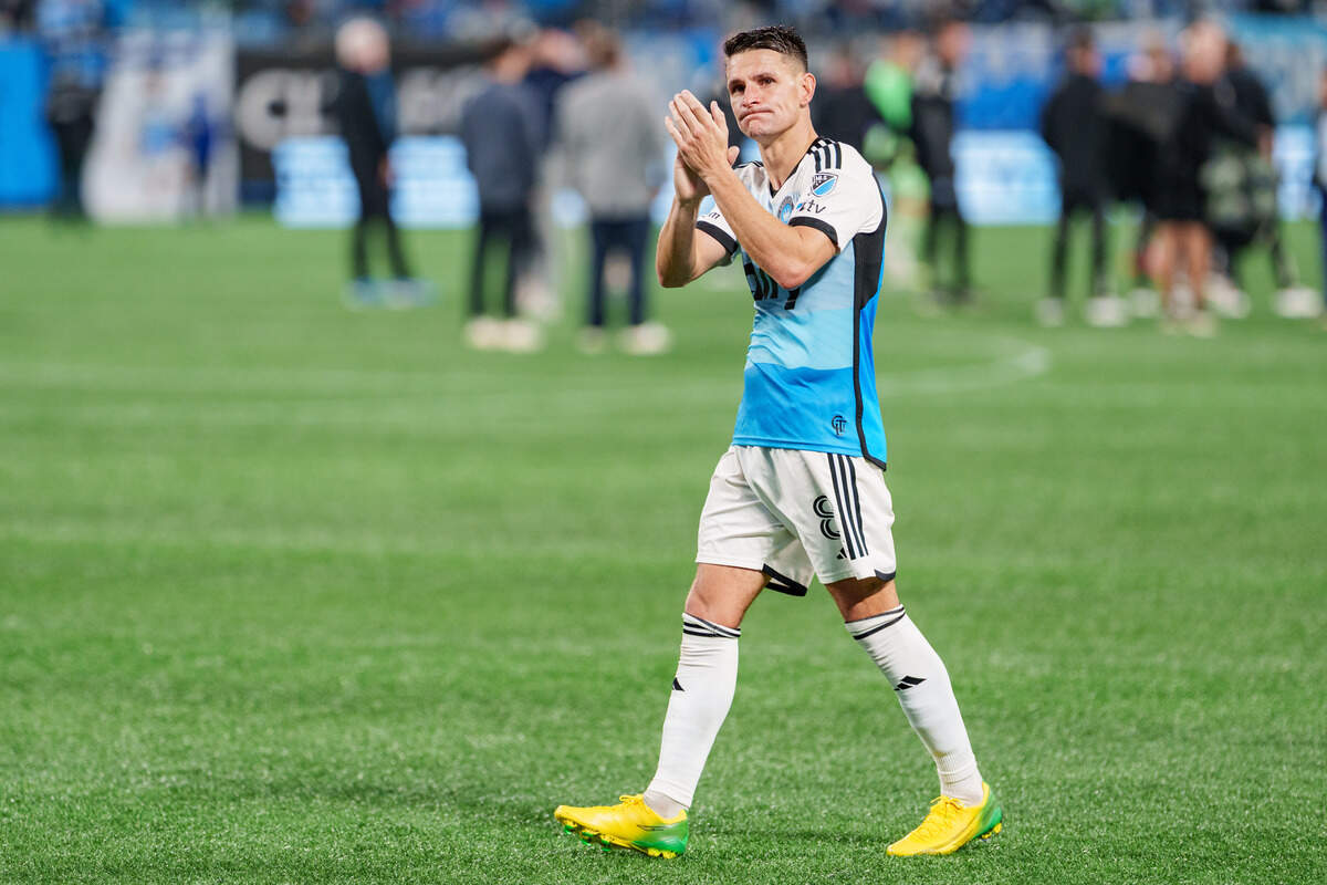 Ashley Westwood of Charlotte FC acknowledges the fans after losing against New York City FC during a game at Bank of America Stadium on Nov. 7, 2025 in Charlotte, North Carolina.