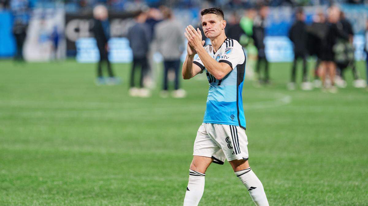 Ashley Westwood of Charlotte FC acknowledges the fans after losing against New York City FC during a game at Bank of America Stadium on Nov. 7, 2025 in Charlotte, North Carolina. Westwood scored the first goal against Philadelphia on Saturday.