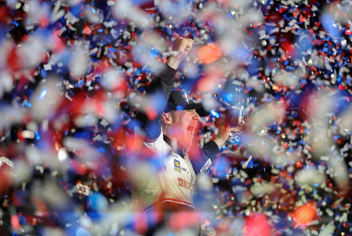 Austin Cindric, driver of the #2 Discount Tire Ford, celebrates in victory lane after winning the NASCAR Cup Series 64th Annual Daytona 500 at Daytona International Speedway on Feb. 20, 2022 in Daytona Beach, Florida. (James Gilbert/Getty Images/TNS)