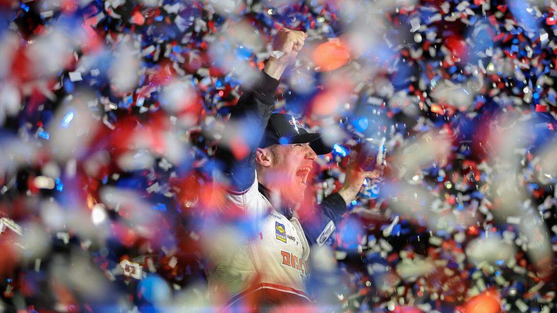 Austin Cindric, driver of the #2 Discount Tire Ford, celebrates in victory lane after winning the NASCAR Cup Series 64th Annual Daytona 500 at Daytona International Speedway on Feb. 20, 2022 in Daytona Beach, Florida. (James Gilbert/Getty Images/TNS)