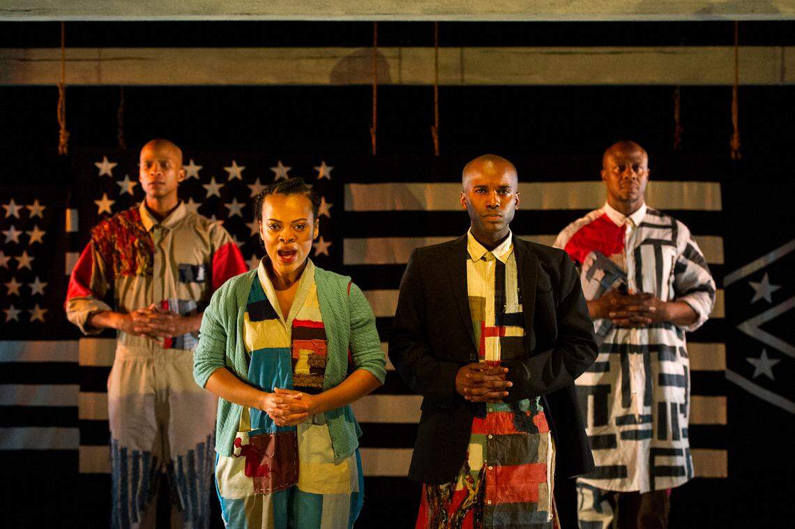 Four cast members on stage in Stacey Rose’s “America v. 2.1: The Sad Demise & Eventual Extinction of the American Negro.” The 2019 play won the first Bonnie and Terry Burman New Play Award. Rose received $25,000 and her play, selected from almost 500 submissions, was produced as a world premiere at Barrington Stage.