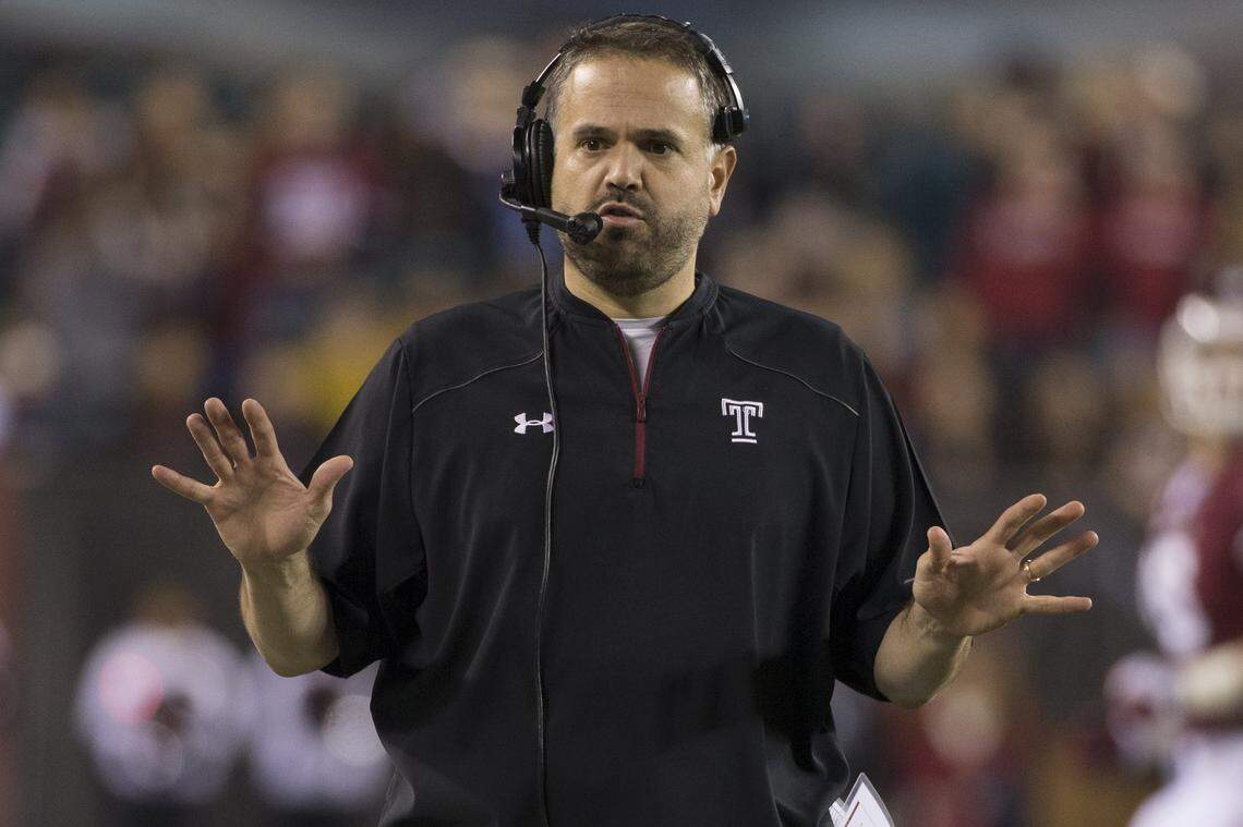 FILE - In this Nov. 28, 2015, file photo, Temple head coach Matt Rhule reacts during the first half of an NCAA college football game against Connecticut, in Philadelphia. Rhule is the new coach at Baylor, where he takes over a beleaguered Big 12 Conference program after winning 20 games over the past two seasons at Temple. (AP Photo/Chris Szagola, File)