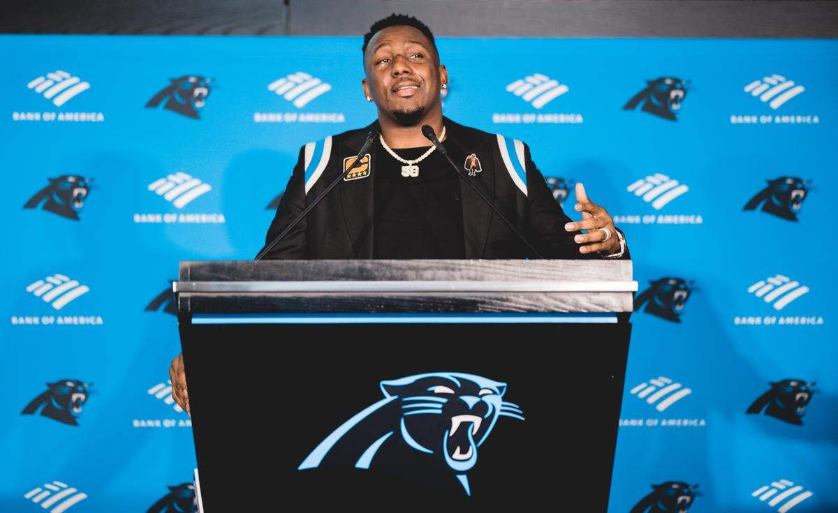 Thomas Davis speaking at his Carolina Panthers retirement ceremony. He’ll start off the Charlotte Knights 2023 Celeb Series.