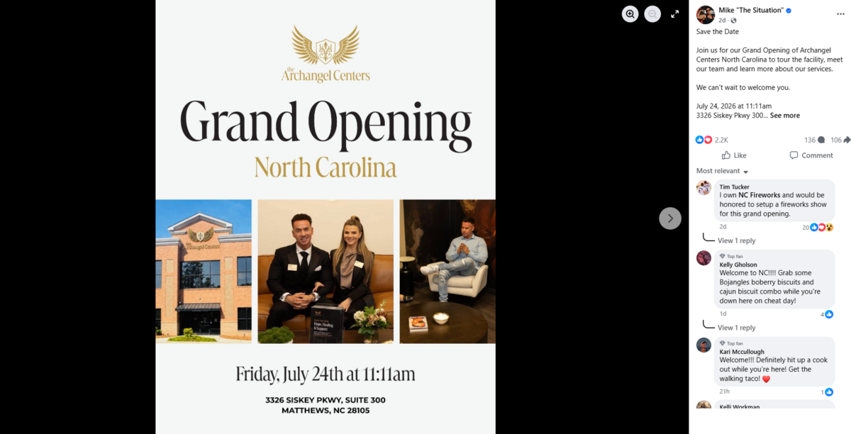 Mike “The Situation” Sorrentino will be in Matthews in July for the grand opening of his new addiction recovery center.