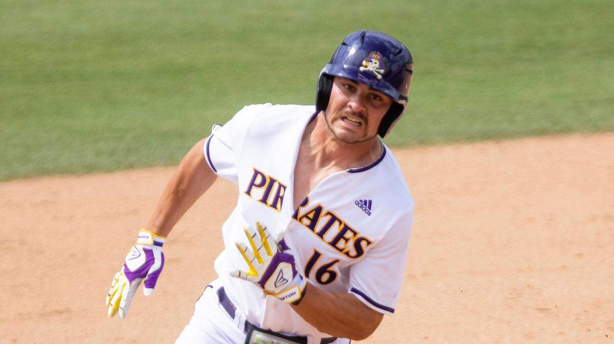 East Carolina’s Joey Rezek (16) runs the bases during an NCAA baseball game on Friday June 3, 2022, in Greenville, N.C. (AP Photo/Ben McKeown)