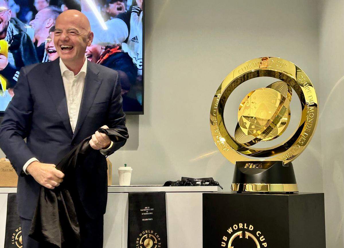 FIFA president Gianni Infantino laughs after unveiling the trophy that will be given to the winner of the inaugural FIFA Club World Cup in July 2025. Infantino came to Charlotte on April 7, 2025, to promote the new event, which will include 32 of the best teams in the world competing for a total purse of one billion dollars. There will be 63 matches in the month-long tournament. As one of the host sites, Charlotte will host four of the matches in June at Bank of America Stadium.