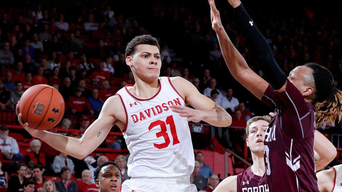 Davidson’s #31 Kellan Grady delivers a pass from under the basket in second half A10 basketball action on the way to a 77-52 Wildcat win at Belk Arena on Saturday, March 02, 2019 in Davidson, North Carolina.