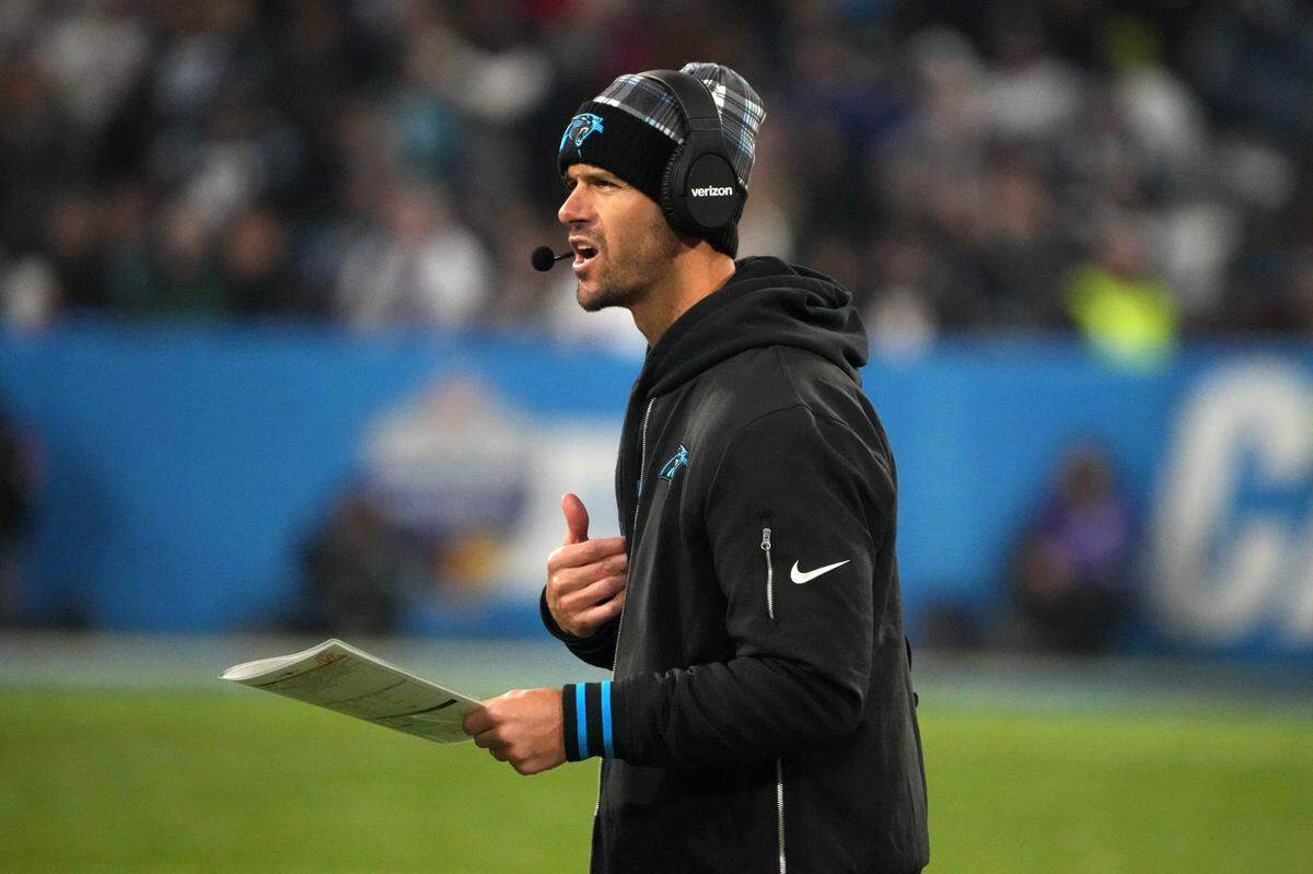 Carolina Panthers coach Dave Canales reacts in the second half against the New York Giants during the 2024 NFL Munich Game at Allianz Arena.