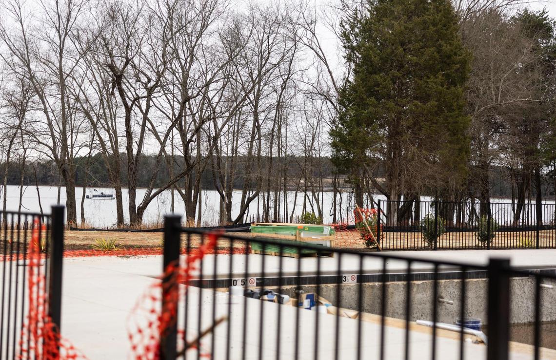 A view of the lake from the pool area at the clubhouse in Lakeside Pointe in Sherrills Ford, N.C., on Friday, March 7, 2025. Lakeside Pointe is a new custom-home waterfront community overlooking the lake in Sherrills Ford. The property includes 83 waterfront acres.
