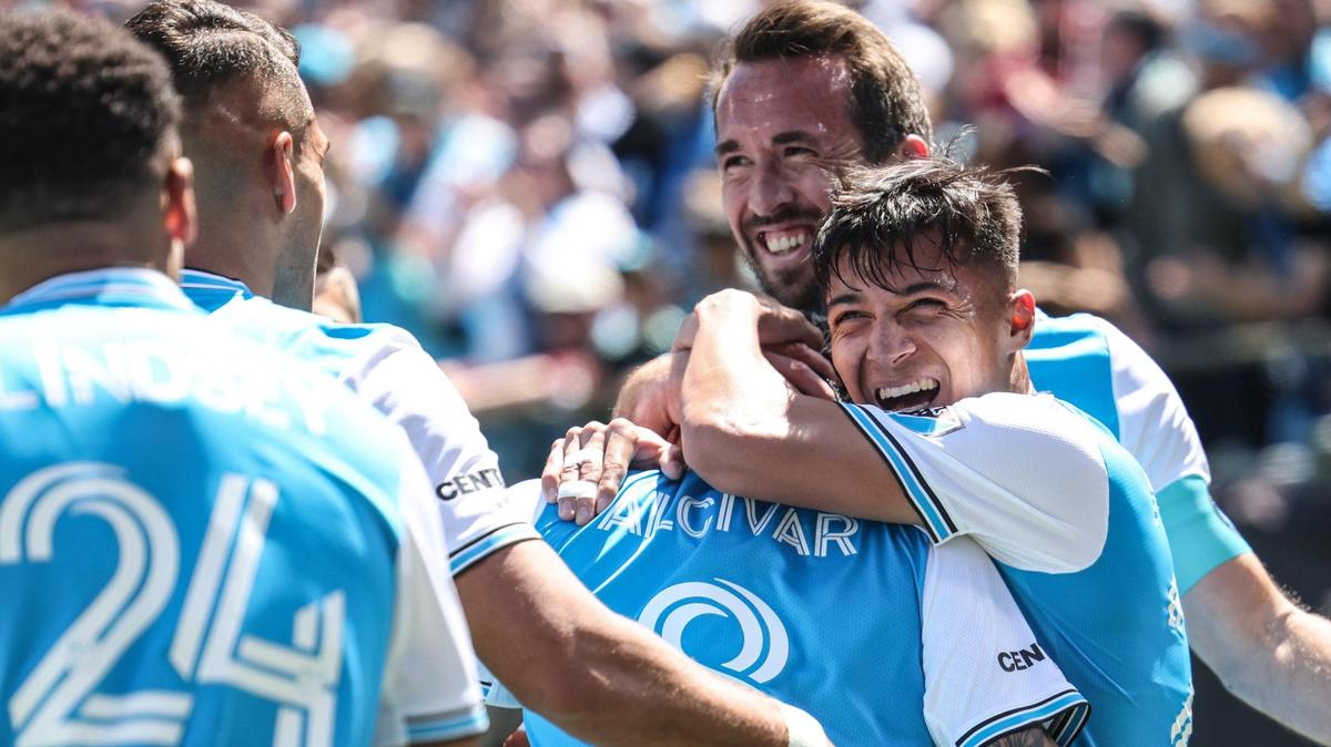 Charlotte FC celebrates a goal in the first half against the Atlanta United at the Bank of America Stadium in Charlotte, N.C., on Sunday, April 10, 2022.