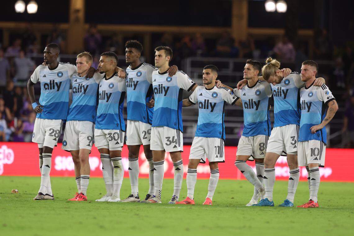 Nov 9, 2024; Orlando, Florida, USA; The Charlotte FC prepare to take penally kicks during a round of penally kicks against the Orlando City in a 2024 MLS Cup Playoffs Round One match at Inter&Co Stadium.