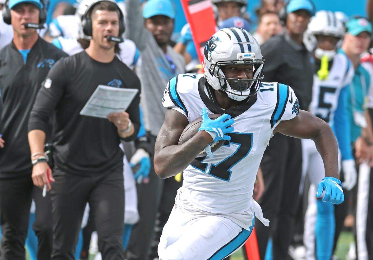 Carolina Panthers wide receiver Xavier Legette picks up yardage following a pass reception against the Miami Dolphins on Sunday, October 5, 2025 at Bank of America Stadium in Charlotte, NC. The Panthers defeated the Dolphins 27-24.