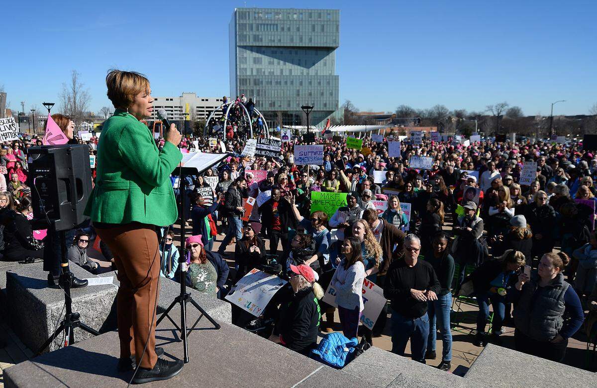 Charlotte Mayor Vi Lyles speaks to the crowd gathered in First Ward Park during the Women's March in Charlotte, NC on Saturday, January 20, 2018. In 2012, when the DNC was in Charlotte, the park was an empty parking lot.