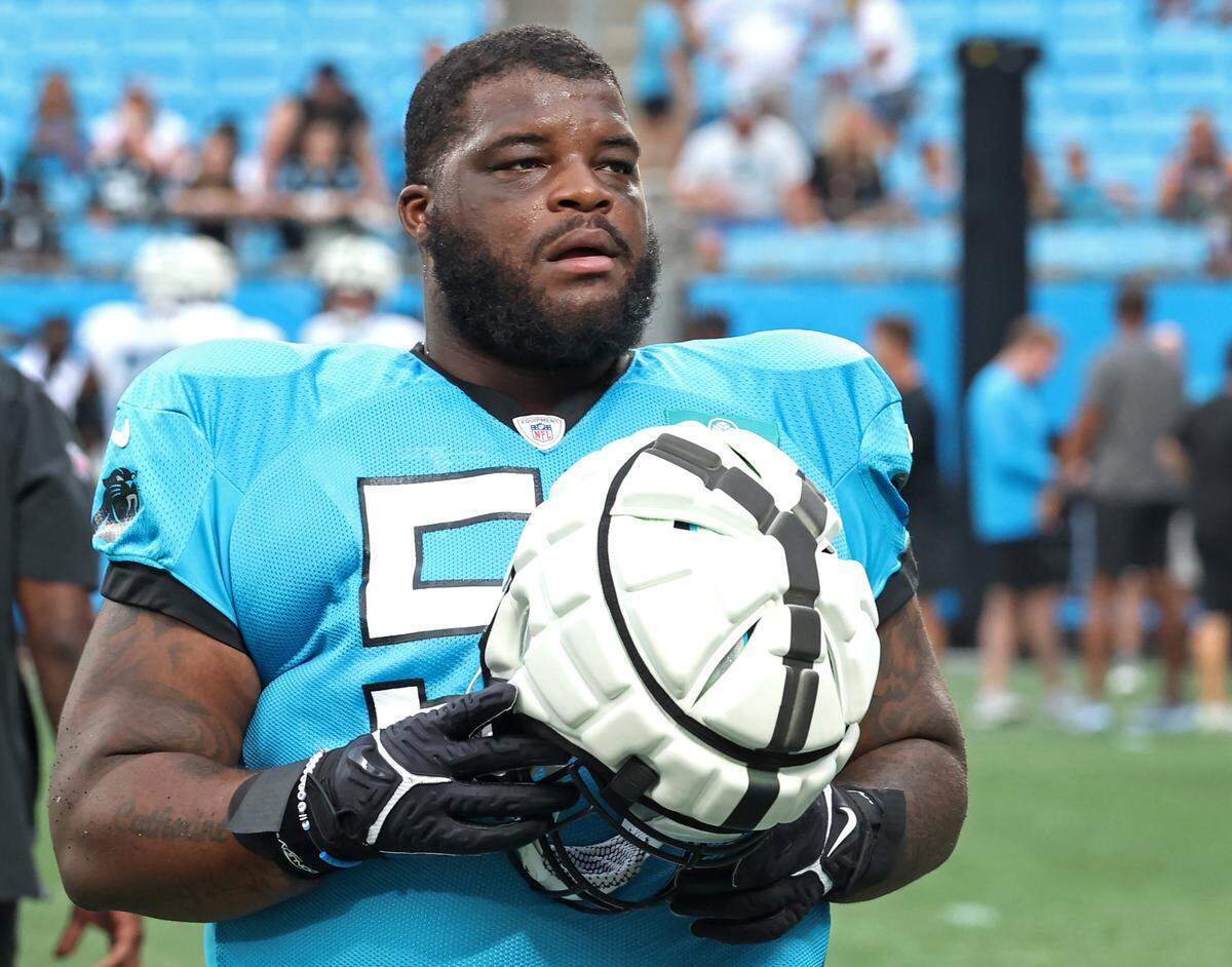 Carolina Panthers defensive tackle Marquan McCall during the team’s Fan Fest practice at Bank of America Stadium on Wednesday, August 2, 2023.