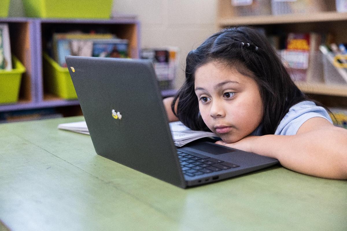 Allison Rios, 8, does research on tree frogs at North Academy of World Languages in Huntersville, N.C., on Wednesday, December 14, 2022.