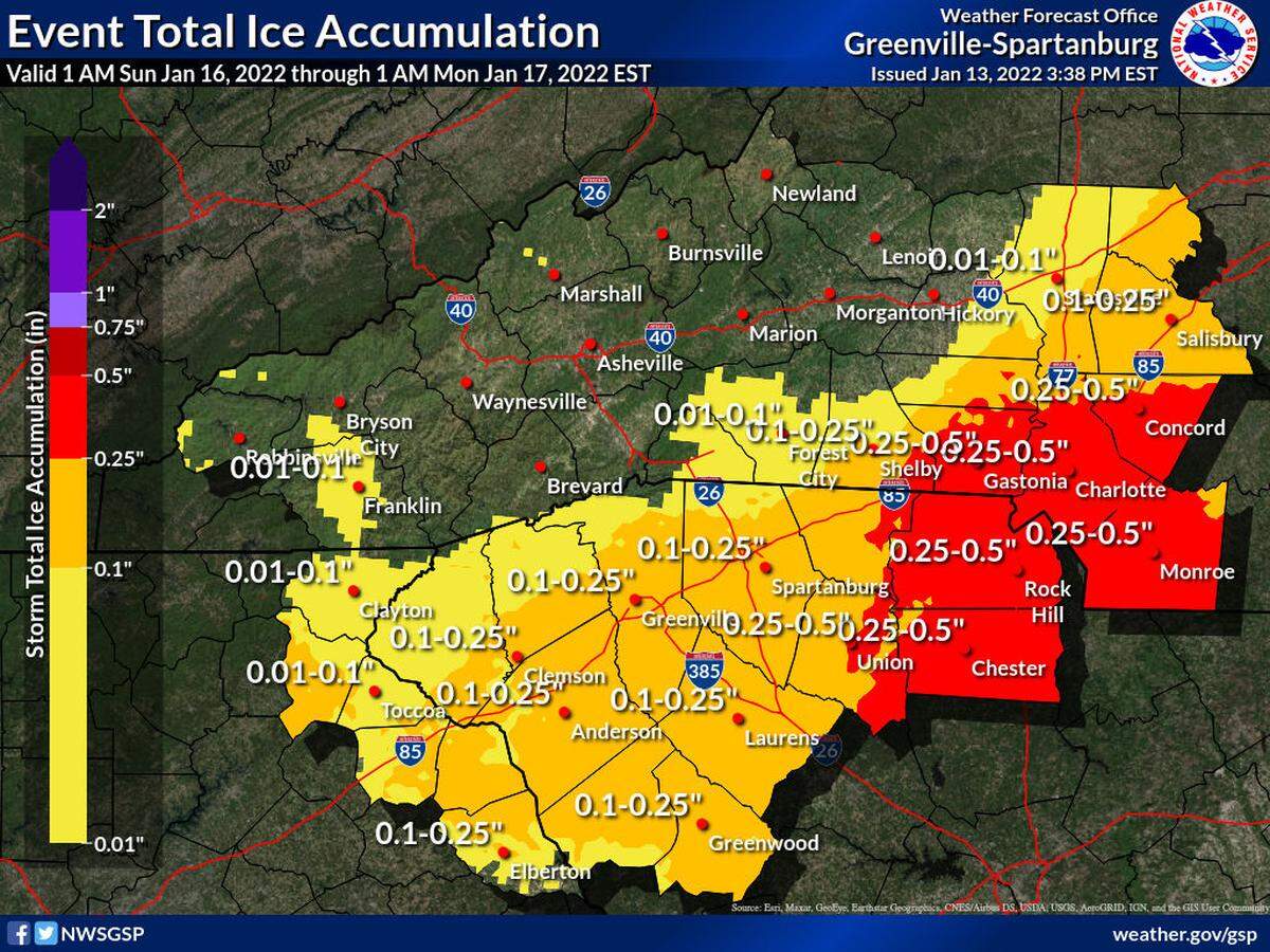 Ice accumulation projections for January 15-16, 2022, from the National Weather Service.