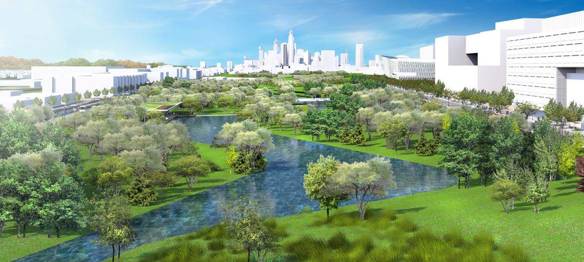 A rendering of the proposed 220-acre Queens Park, where the rail yard owned by Norfolk Southern is currently located.
