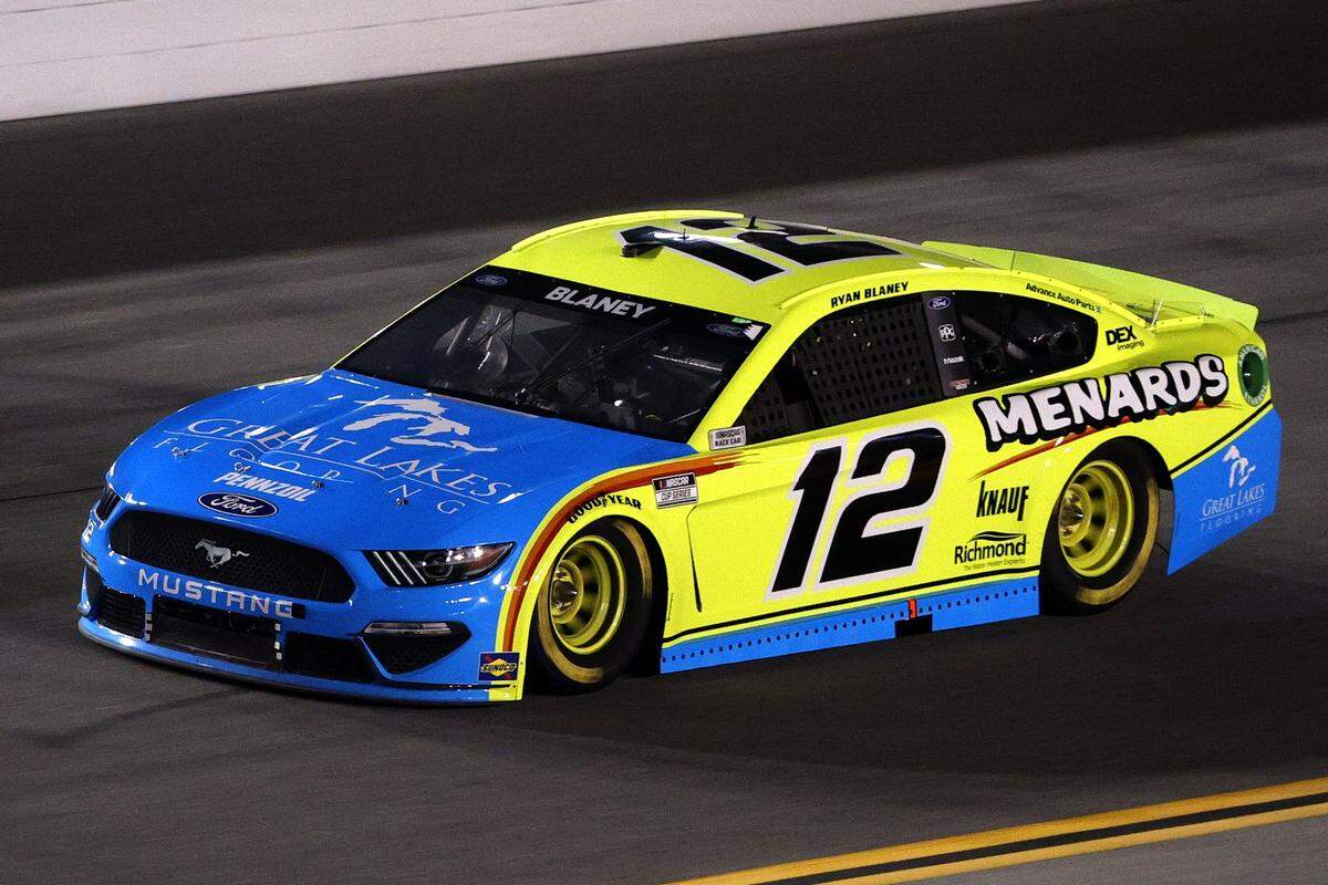 DAYTONA BEACH, FLORIDA - FEBRUARY 09: Ryan Blaney, driver of the #12 Menards/Great Lakes Flooring Ford, drives during the NASCAR Cup Series Busch Clash at Daytona at Daytona International Speedway on February 09, 2021 in Daytona Beach, Florida. (Photo by Chris Graythen/Getty Images)