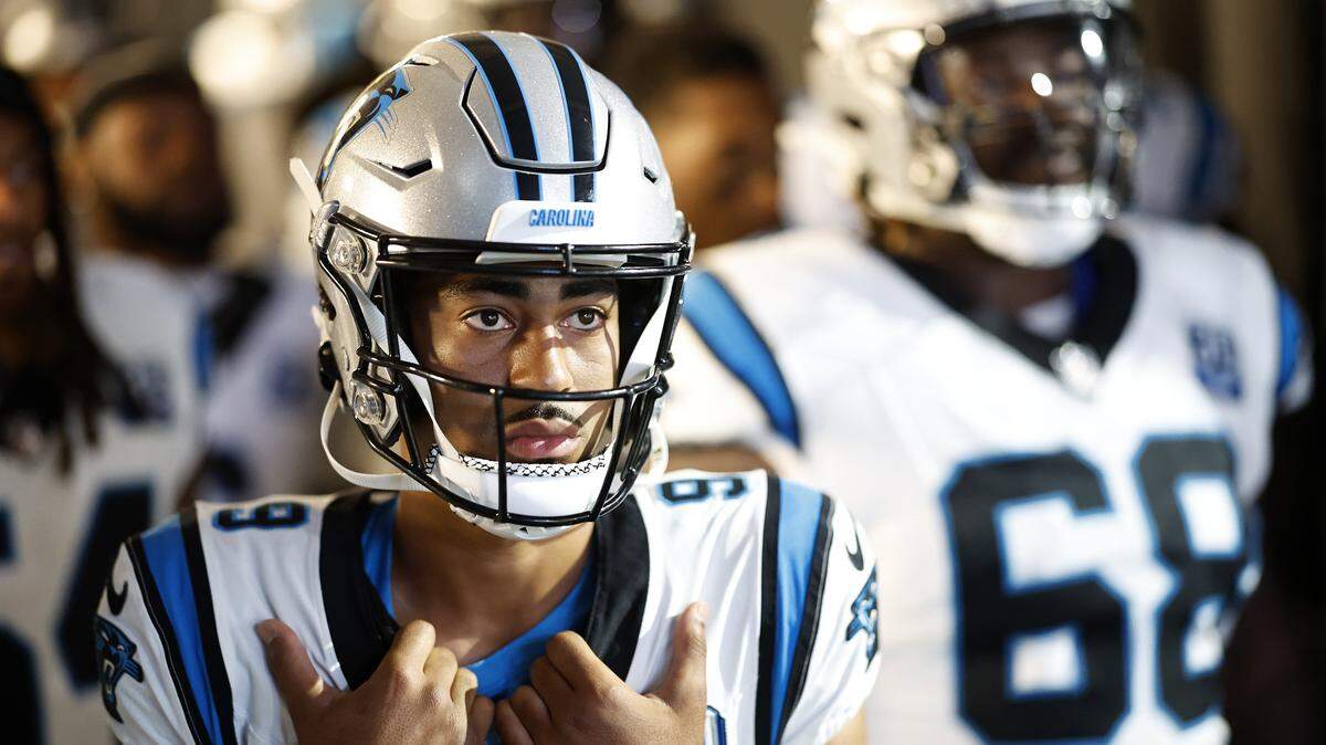 NEW ORLEANS, LOUISIANA - SEPTEMBER 08: Bryce Young #9 of the Carolina Panthers looks on prior to playing the New Orleans Saints at Caesars Superdome on September 08, 2024 in New Orleans, Louisiana. (Photo by Chris Graythen/Getty Images)