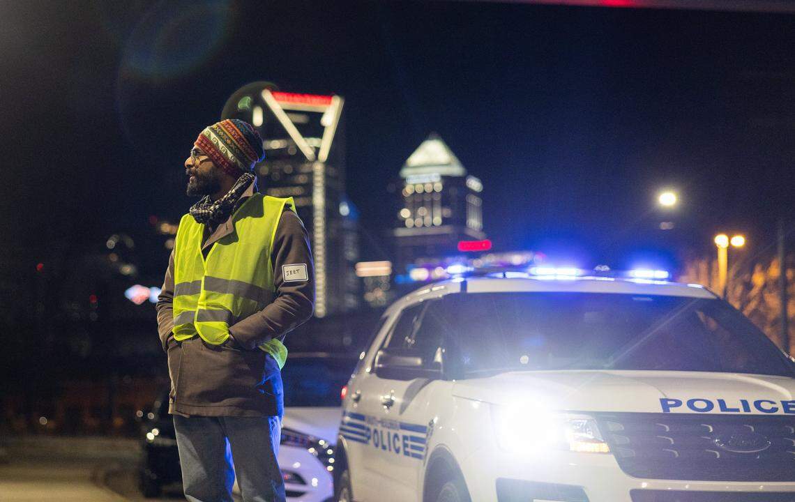 Jeet Pawar looks for unhoused people around an underpass during the 2026 Point-in-Time Count in Charlotte, N.C., on Thursday, January 22, 2026.