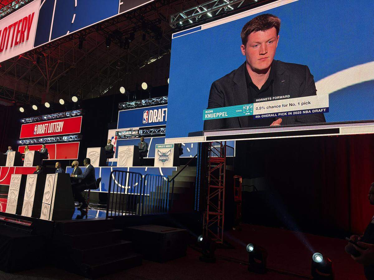The Charlotte Hornets’ Kon Knueppel is shown on the big screen at the NBA Draft Lottery event in Chicago on Sunday, May 10, 2026.