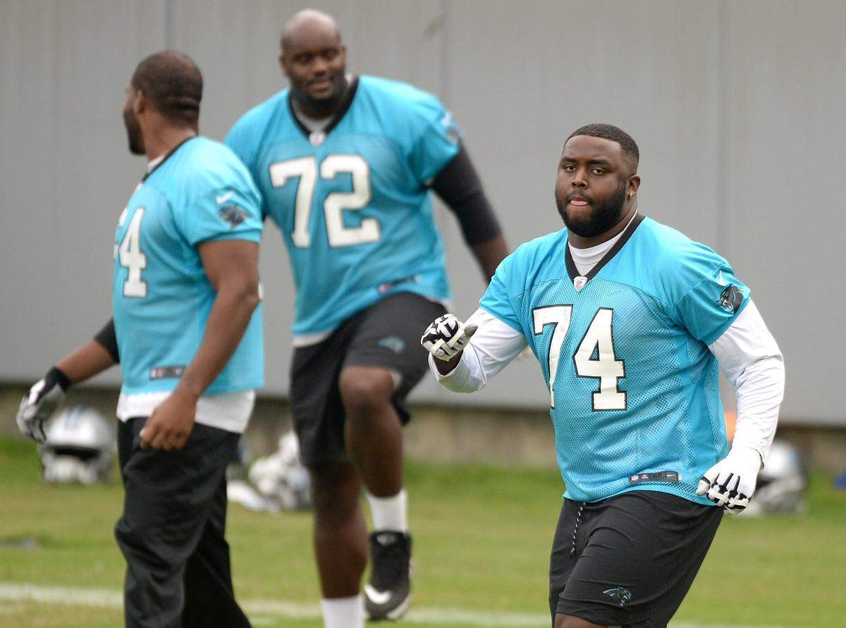 The Panthers traded up in April’s NFL Draft to select tackle Greg Little (74) with the hopes he can start at left tackle, although veteran Taylor Moton (72) could also play the left side if necessary.