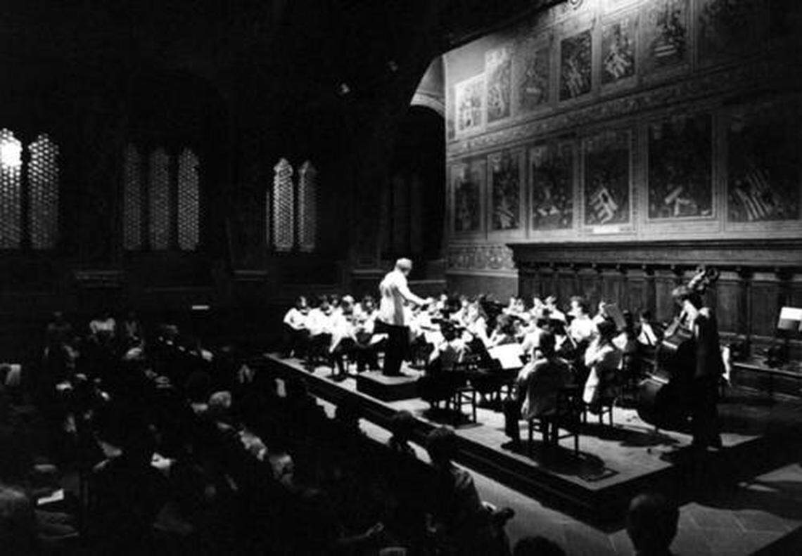 Stephen Shipps directs an orchestra performance in 1985.