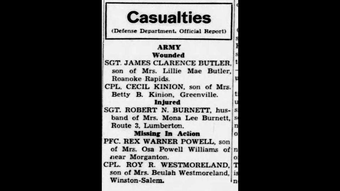 This newspaper clipping from the 1950s lists Rex Powell as Missing in Action.