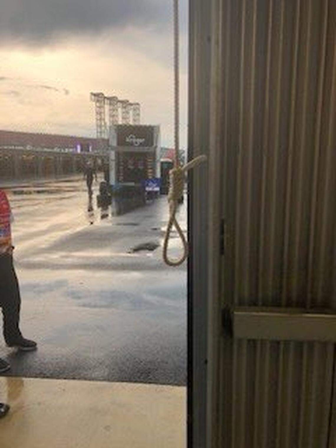 In June, NASCAR released this photo of the garage pull-down fashioned into a noose that was found in Black driver Bubba Wallace’s garage. President Donald Trump tweeted Monday that the incident was a “HOAX.”