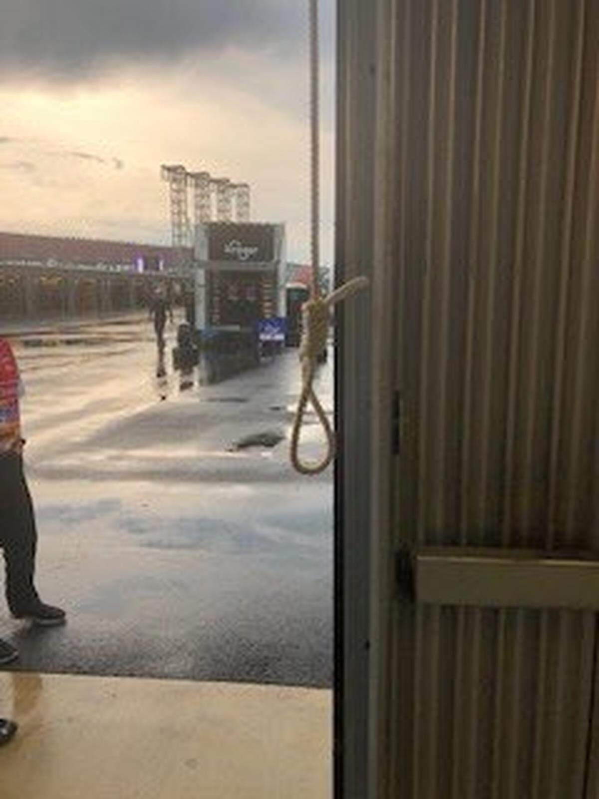 In June, NASCAR released this photo of the garage pull-down fashioned into a noose that was found in Black driver Bubba Wallace’s garage. President Donald Trump tweeted Monday that the incident was a “HOAX.”