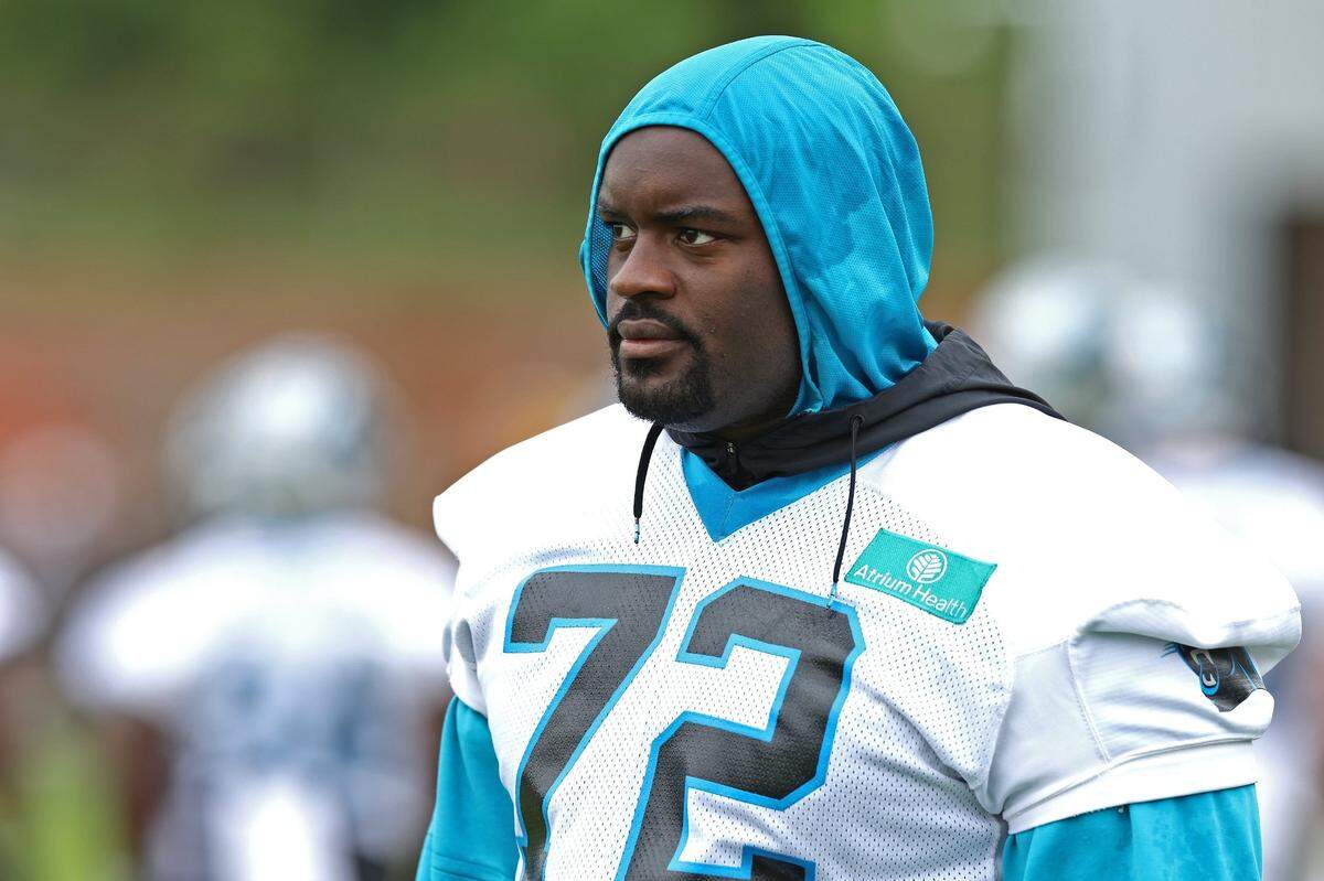 Carolina Panthers tackle Taylor Moton during an OTA practice on Tuesday, May 27, 2025. 