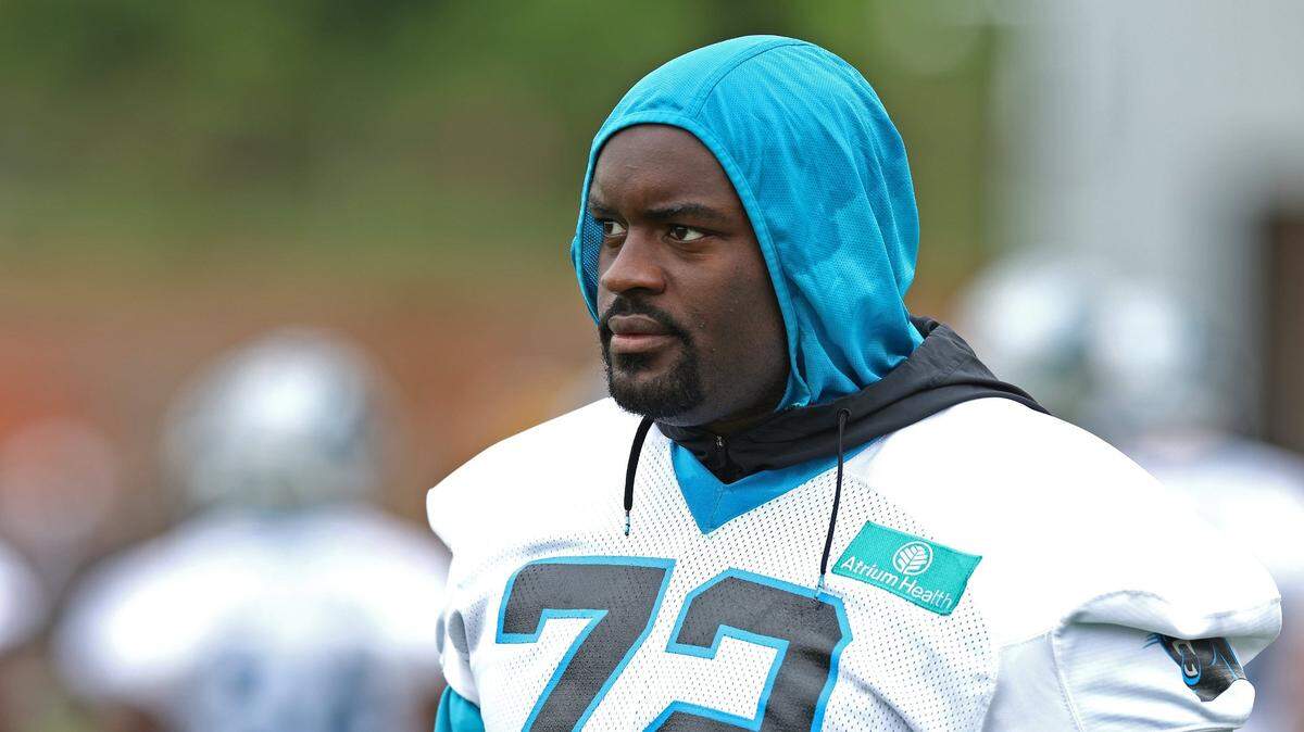 Carolina Panthers tackle Taylor Moton during an OTA practice on Tuesday, May 27, 2025.