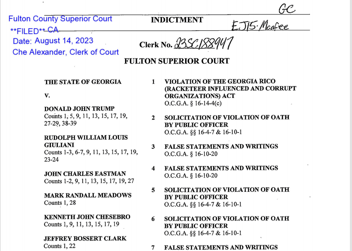 An image of the indictment handed up in Fulton County, Georgia, that includes charges against former President Trump and his former Chief of Staff, Mark Meadows.