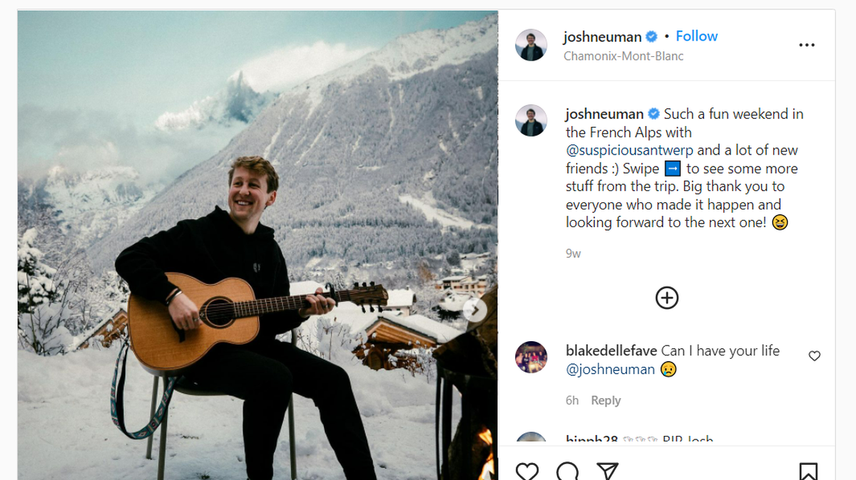 Josh Neuman, shown in this screen capture from his Instagram page, went to Marvin Ridge High School in Waxhaw, NC, and UNC-Chapel Hill. He died in a plane crash in February 2022, according to officials in Iceland. He was 22.