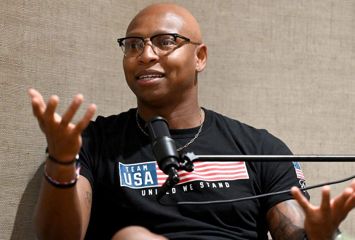 Former Olympic gold medalist swimmer Cullen Jones responds to a question during his “Sports Legends of the Carolinas” interview. After nearly drowning in a water-park incident as a 5-year-old, Jones said his mother decided she was going to have him take swim lessons. Said Jones: “My mom was like, “We’re gonna go against the grain. I’m not going to tell you Black people don’t swim. We’’re going to give you the tools to do to be better around the water.”