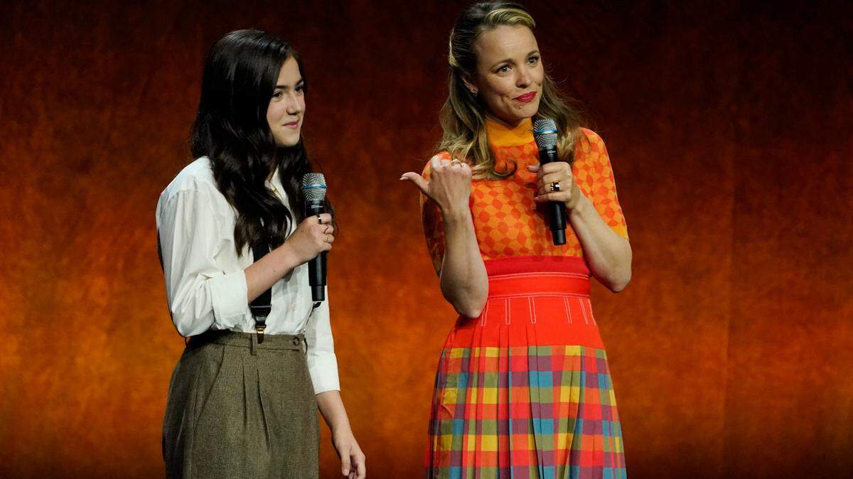 Abby Ryder Fortson, left, and Rachel McAdams, cast members in the upcoming film “Are You There God? It’s Me, Margaret,” discuss the film during the Lionsgate presentation at CinemaCon 2022 at Caesars Palace, Thursday, April 28, 2022, in Las Vegas. (AP Photo/Chris Pizzello)